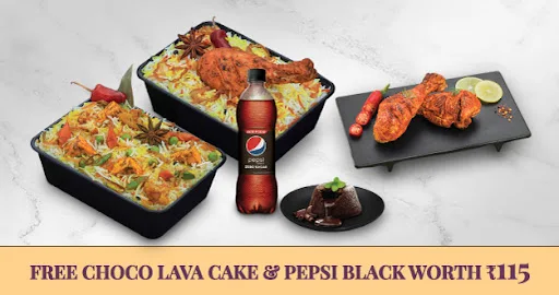 Any 2 Biryanis + Any Starter [FREE Choco Lava Cake & Pepsi]