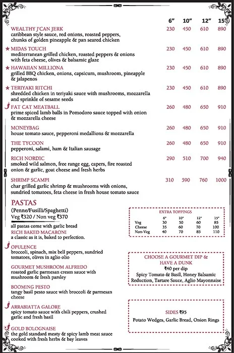 The Millionaire Pizza & Pasta menu 