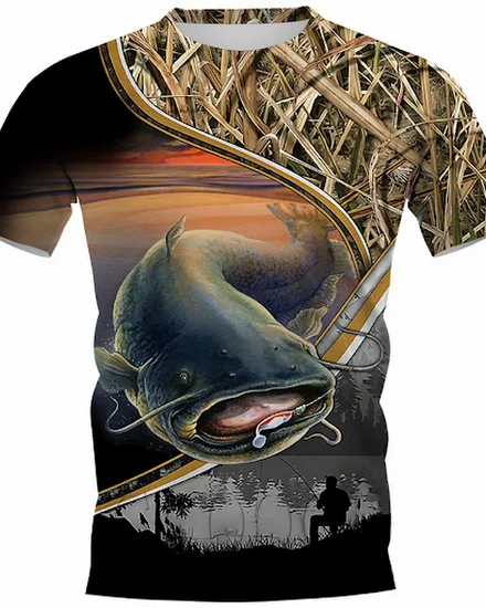 Summer Carp Fishing Print T-shirts For Men Outdoor Catfis... - 0