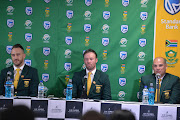 Faf du Plessis (L),AB de Villiers (C) and Russell Domingo (R) during the South African national cricket team departure press conference at OR Tambo International Airport, ACSA Media Centre on May 16, 2017 in Johannesburg, South Africa.