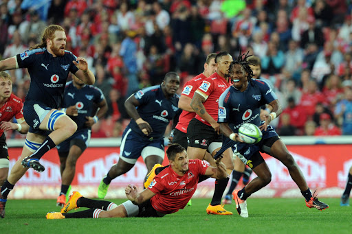 Rabs Maxwane (R) of Bulls is tackled by Harold Vorster of Lions during the Super Rugby match between Lions and Bulls on 20 May 2017 at Emirates Airline Park Stadium. Sydney Mahlangu /BackpagePix