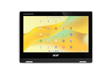 キーボード面を下向きにした Acer Chromebook Spin 311 を正面から見たところ（アプリ画面が表示されている）。