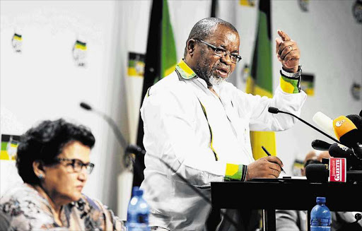 BACKTRACKING: ANC secretary-general Gwede Mantashe expressing the support of the national working committee for the dismissal from Cabinet of Finance Minister Pravin Gordhan. In the foreground is his deputy Jessie Duarte Picture: GALLO IMAGES