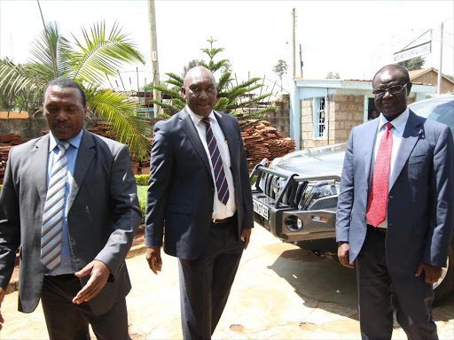 Meru Governor Kiraitu Murungi (right) is welcomed by the Meru County Water and Sewarage Services general manager George Karanja and chair Gabriel Miungi at MEWASS offices in Meru town on December 4, 2017. /GERALD MUTETHIA