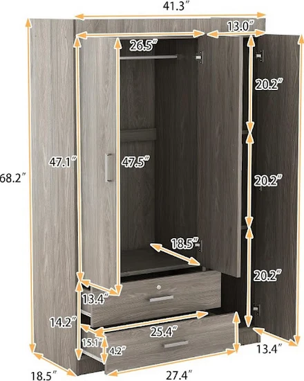 3 Door Wardrobe Cabinet Closet with Storage Drawers, Shel... - 1