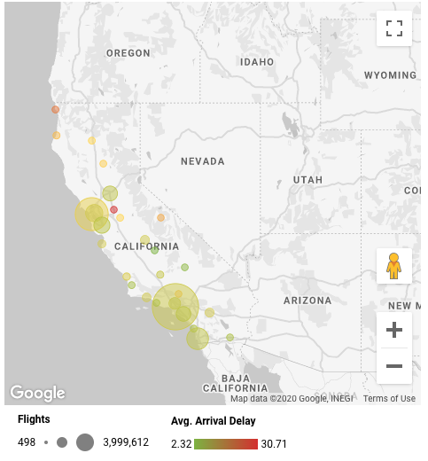 Un mapa de burbujas que muestra las llegadas de las aerolíneas a California y en el que se indica el número de vuelos por el tamaño de las burbujas y el retraso medio de las llegadas por el color de las burbujas.