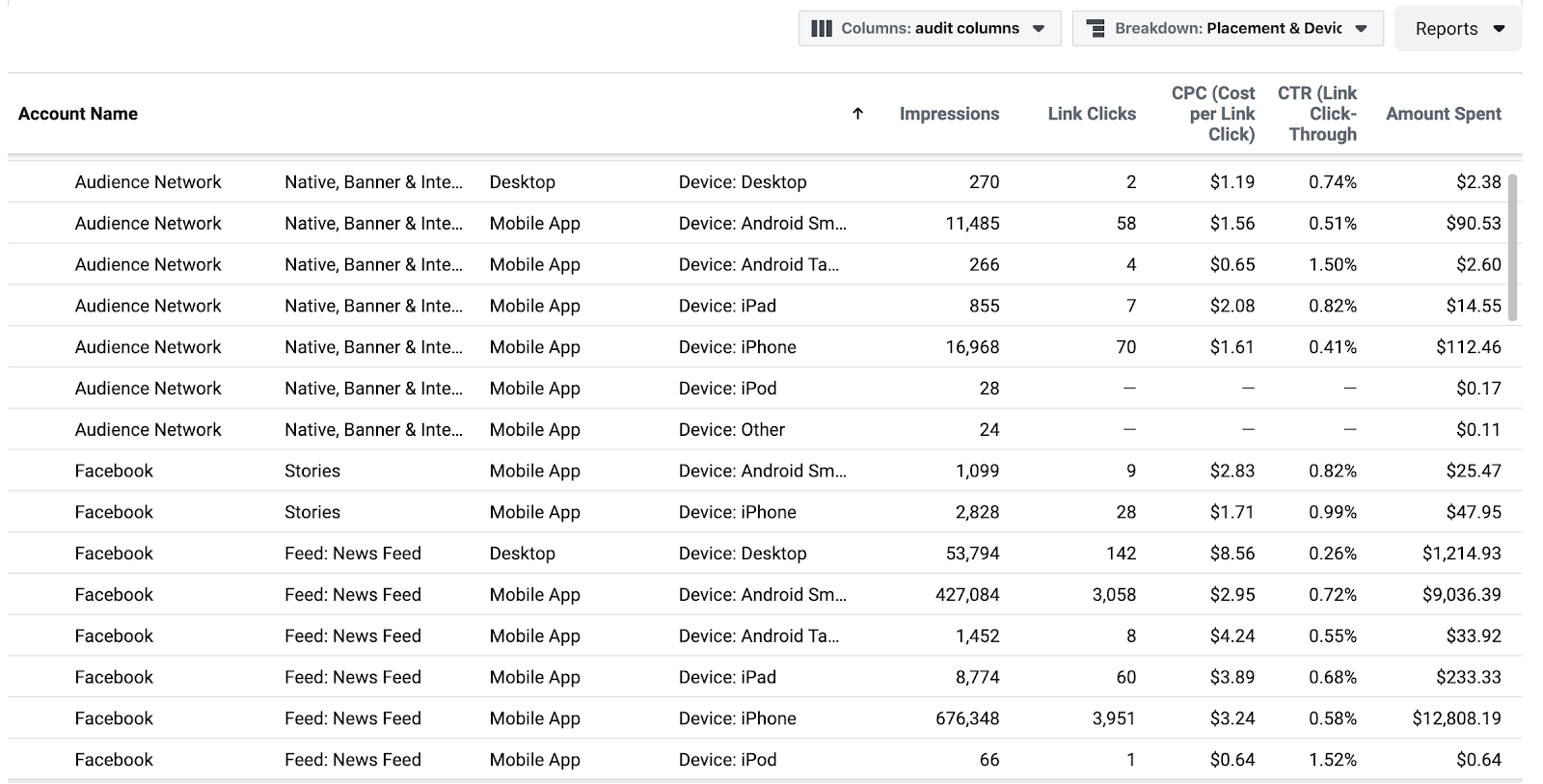 Facebook Ad report with a breakdown by placement & device