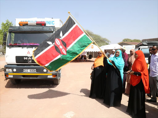 Rukia Abdinasir, wife of Wajir Governor Ahmed Abdullahi, flags off the county's second Beyond Zero mobile clinic, February 3, 2016. Photo/ISMAIL NOOR