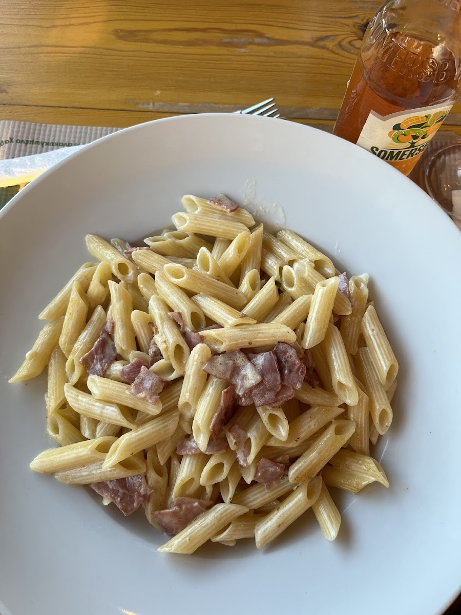 Delicious gluten-free creamy carbonara with bacon