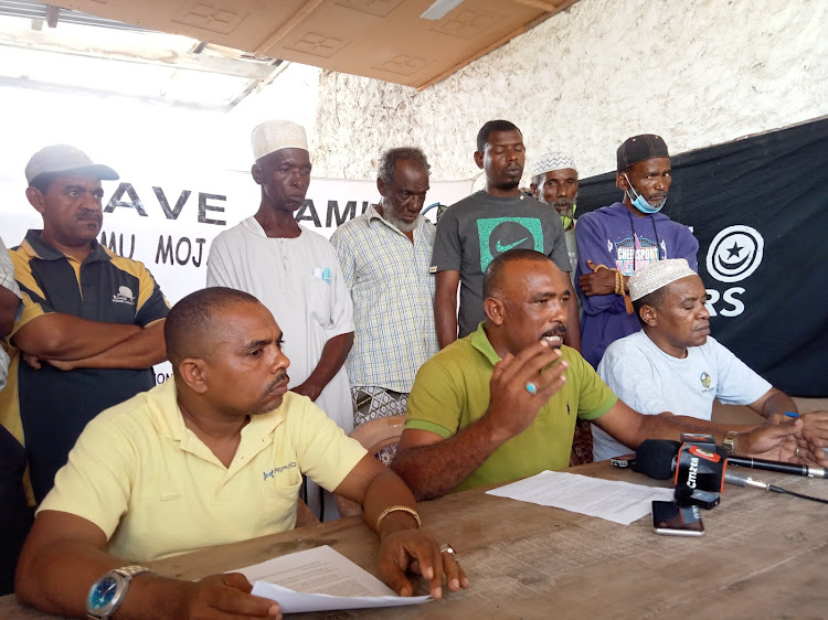 Lamu fishermen spokesperson Mohamed Somo adresses the media in Lamu Island.