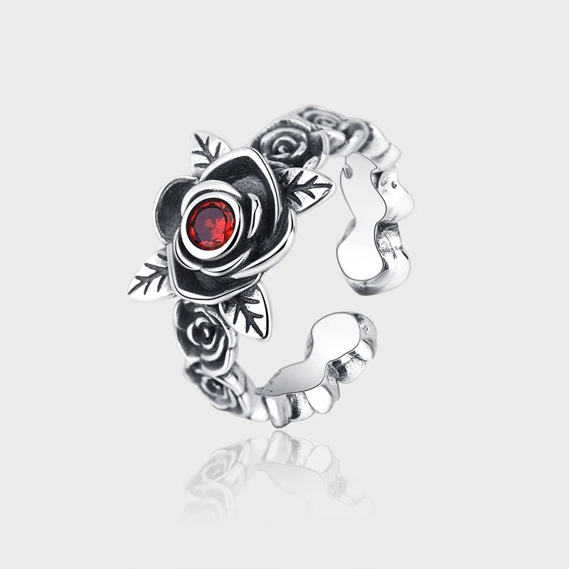 Bague chaîne épine de rose en zirconium rouge argent sterling S925. Un bijou unique pour un look élégant au quotidien et en soirée.