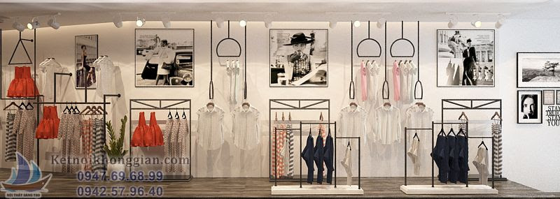 thiết kế cửa hàng thời trang với tông màu đen trắng chủ đạo