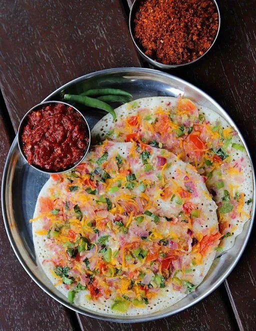 Mixed Vegetable Uttapam + Sambar, Tomato & Coconut Chutney & Gunpowder