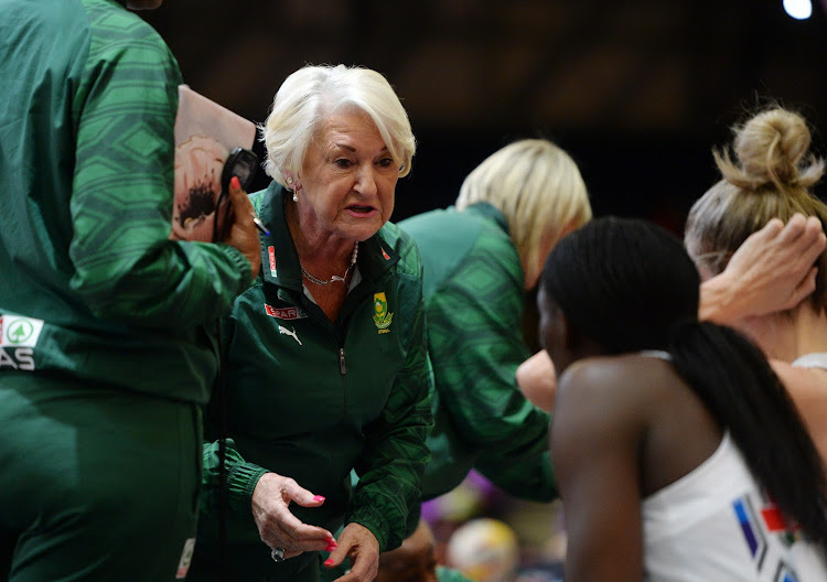 South Africa coach Norma Plummer giving instructions to defender Phumza Maweni during the 2023 Netball World Cup game against Jamaica at CTICC in Cape Town on July 30 2023.