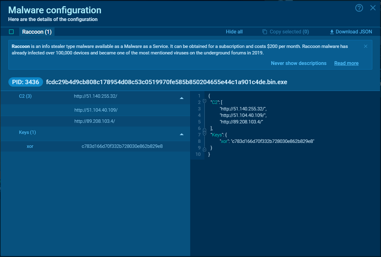 Raccoon malware configuration