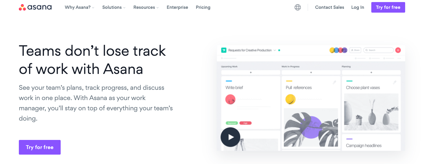 screenshot of asana's homepage