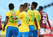 Peter Shalulile of Mamelodi Sundowns celebrates goal with teammates during the Nedbank Cup, Last 32 match between Mamelodi Sundowns and Stellenbosch FC at Loftus Versfeld Stadium on February 03, 2021 in Pretoria, South Africa. 