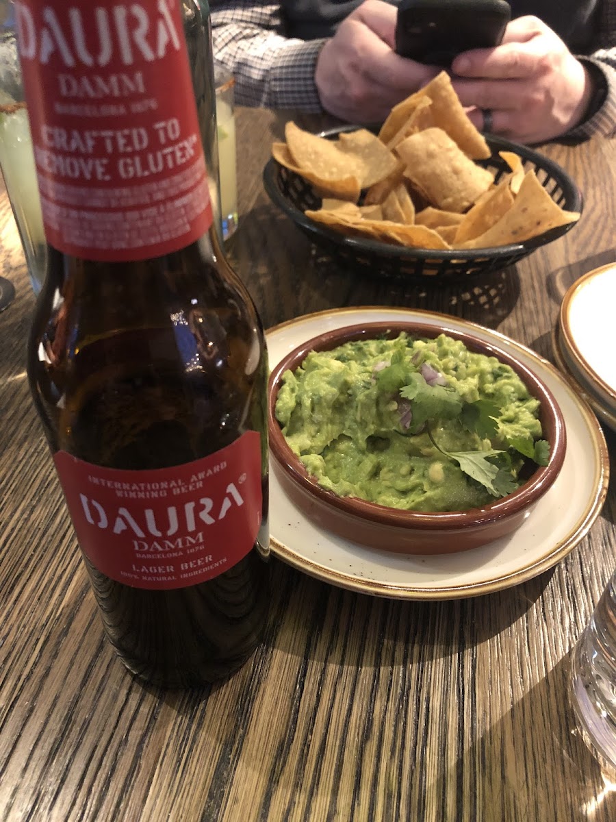 Gluten Removed Beer with chips and Guacamole
