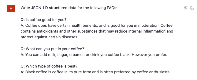 The results of asking ChatGPT to write structured data around my coffee FAQs.