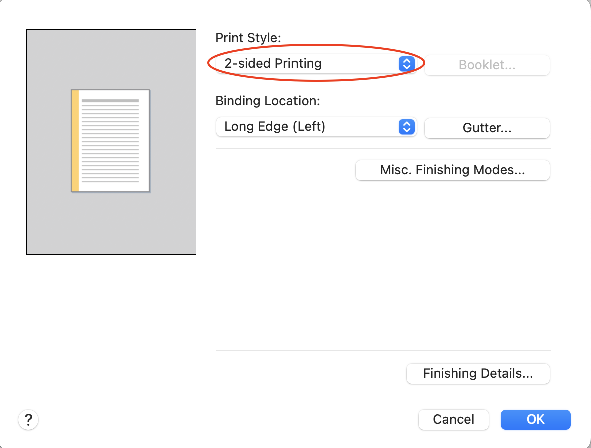 A red circle around 2-sided printing chosen as the printing style.
