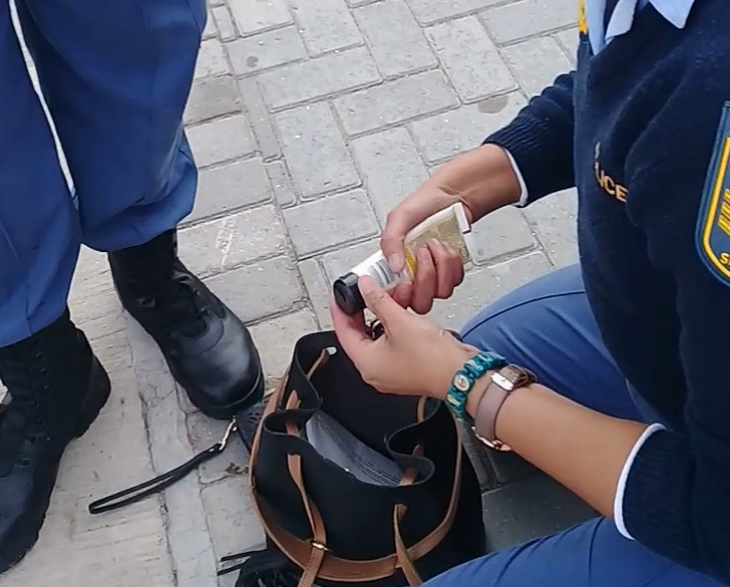 Sergeant Smith (first name unknown) searches the bag of Esethu Mcinjana.