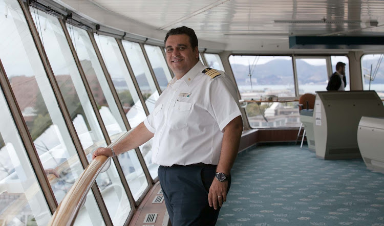 Captain Michael Sympouras on the bridge of Celebrity Infinity before a 12-day San Francisco-to-Alaska sailing. 