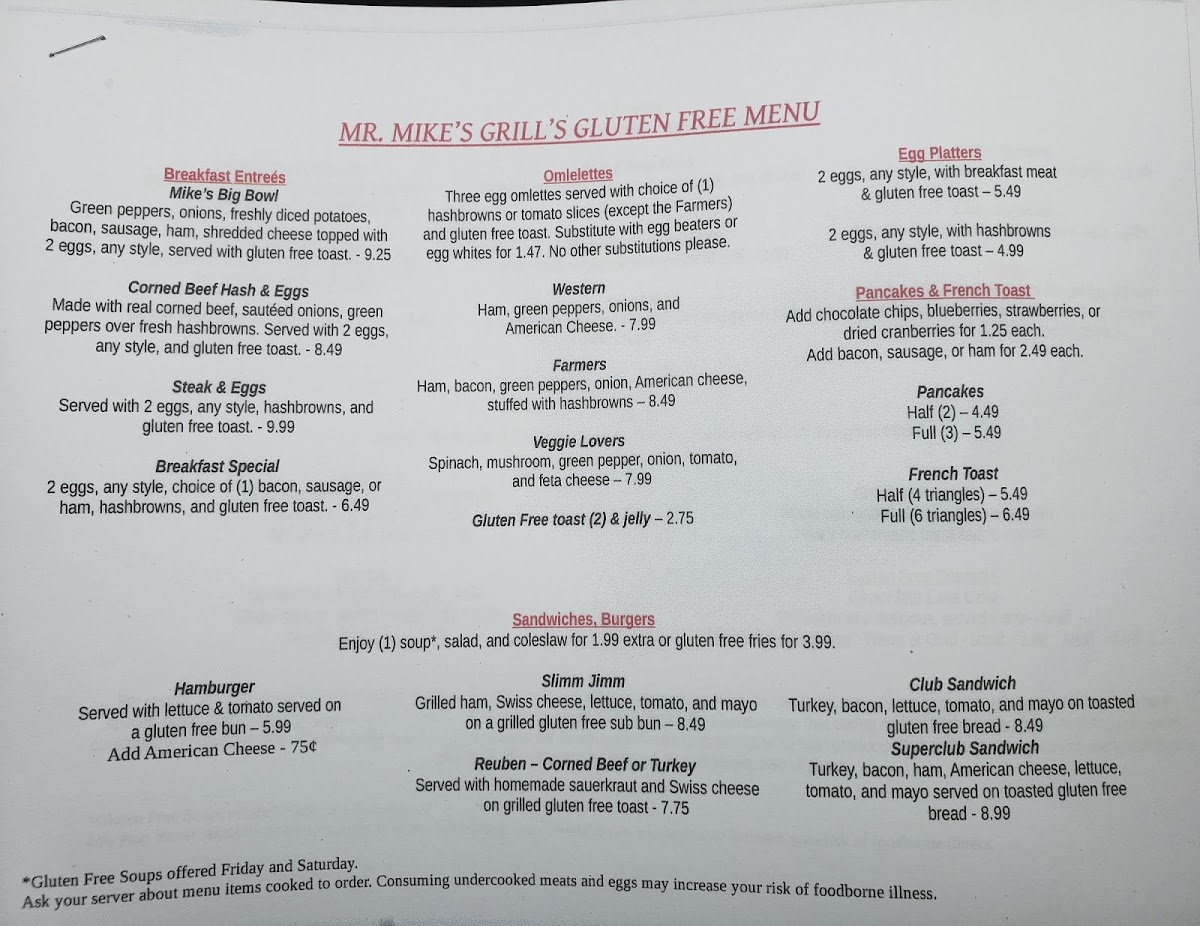 Mr Mike's Grill gluten-free menu