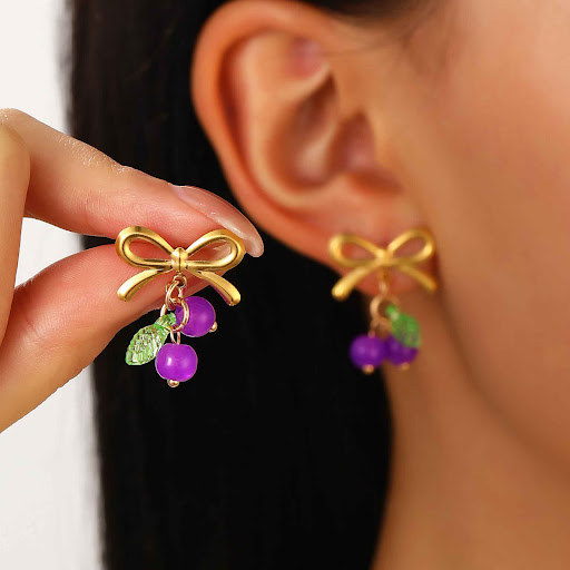 Title 3, Color Round Beads Bow Cherry Earrings. These pl...