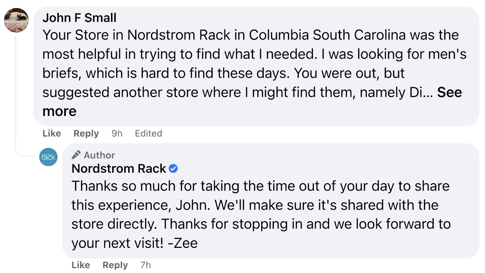 Facebook Customer Response examples