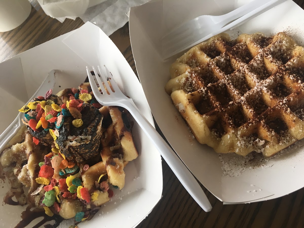 Gf s’mores waffle with fruity pebbles instead of graham crackers, and a cinnamon sugar waffle. So yummy 😋