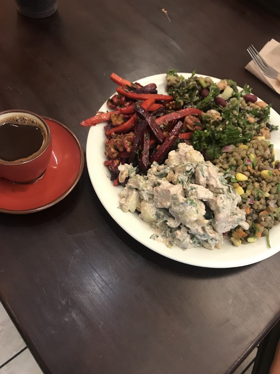 Kale salad, lentil salad, chicken salad, roasted root veggies and Turkish coffee. Not pictured but also delicious: kafta kebab plate, hummus and falafel.