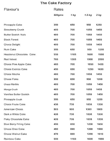 The Cake Master menu 