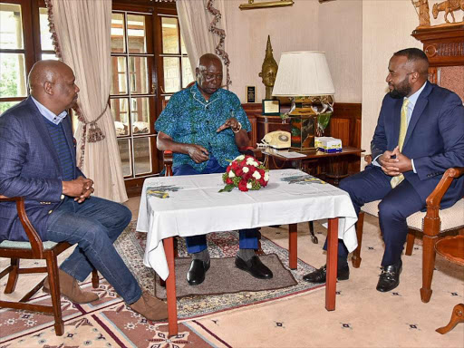 Retired President Daniel Arap Moi (centre), his son Baringo senator Gideon and Mombasa governor Hassan Joho in Kabarak on August 25./ JOSEPH KANGOGO