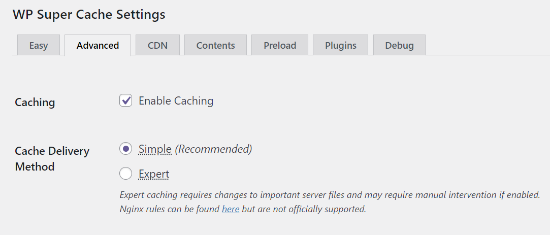 Configurações avançadas do WP Super Cache