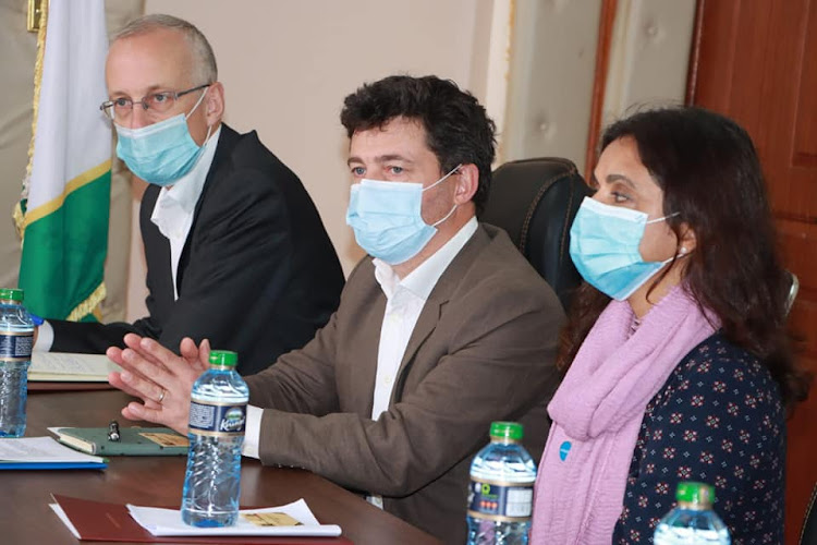 Officials from the UK's Special Envoy for Famine Prevention and Humanitarian Affairs during a meeting with Wajir governor Mohamed Abdi at county offices on Monday, July 18.