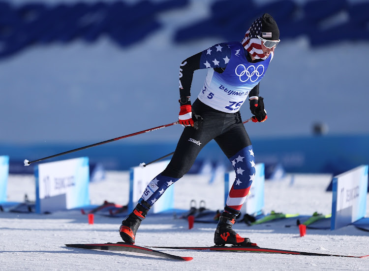 Gus Schumacher of Team United States competes during the Men's Cross-Country Skiing 15km + 15km Skiathlon on Day 2 of the Beijing 2022 Winter Olympic Games at The National Cross-Country Skiing Centre on February 6 2022 in Zhangjiakou, China. Picture: GETTY IMAGES/MADDIE MEYER
