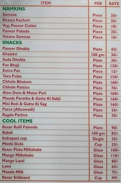 Tewari Bros. Mithaiwala menu 