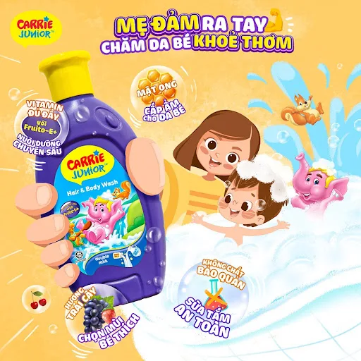 Sữa Tắm Gội Toàn Thân Carrie Junior Hương Grapeberry 280g tặng bông tắm (quà bó kèm - màu ngẫu nhiên)