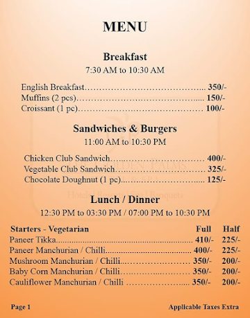 Baadsha - Golden Palms Hotel & Spa menu 