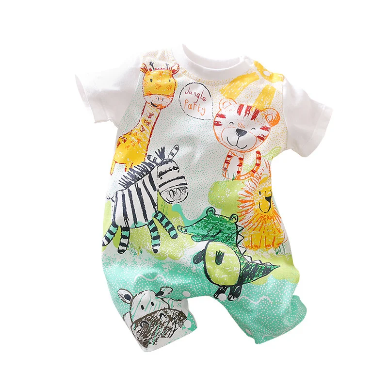 Macacão infantil Classe A com desenho animado manga curta, perfeito para o verão, leve e respirável, ideal para brincar e dormir, fácil de vestir.