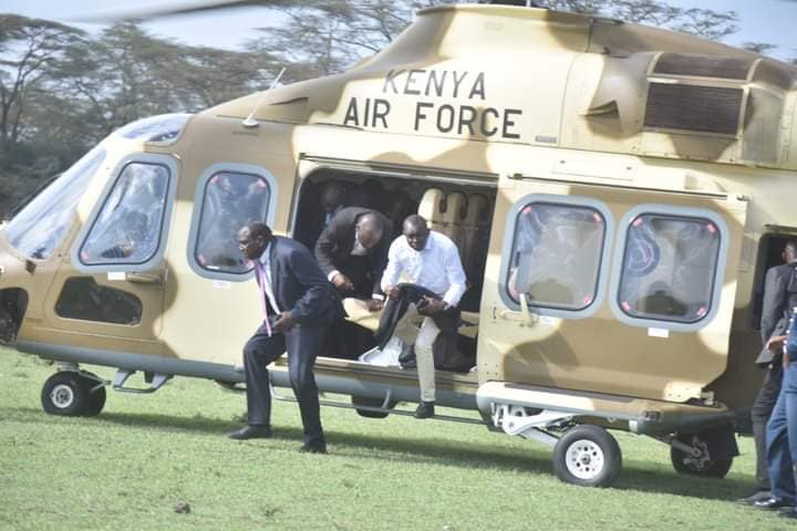 Kapsaret Member of Parliament arrives at Kenya Kwanza Parliamentary Group meeting at Naivasha in military chopper on Friday.