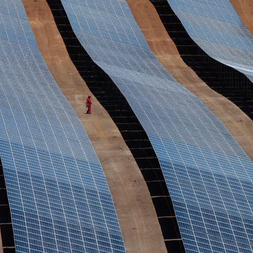 太陽光発電施設の太陽光パネルを上から撮った写真