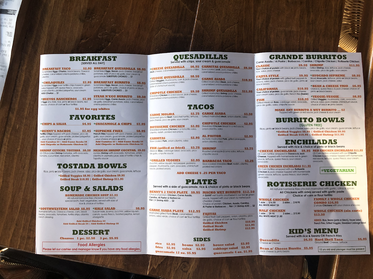 Bennys Tacos & Chicken Rotisserie LA gluten-free menu