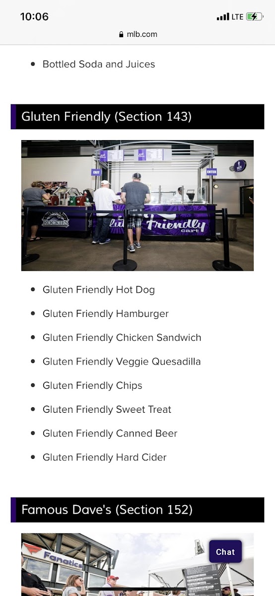 Coors Field (Aramark Gluten Free Stand) gluten-free menu