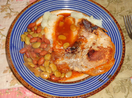 Pork Chop Casserole with kidney and lima beans and mashed potatoes.