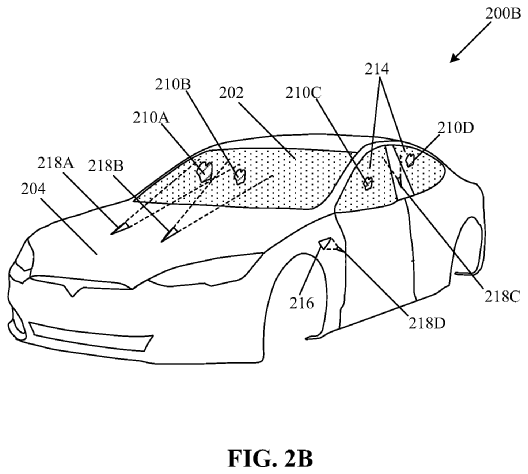 Tesla's sketch shows a windscreen cleaning system that 'includes a beam optics assembly that emits a laser beam to irradiate a region on a glass article of the vehicle'.