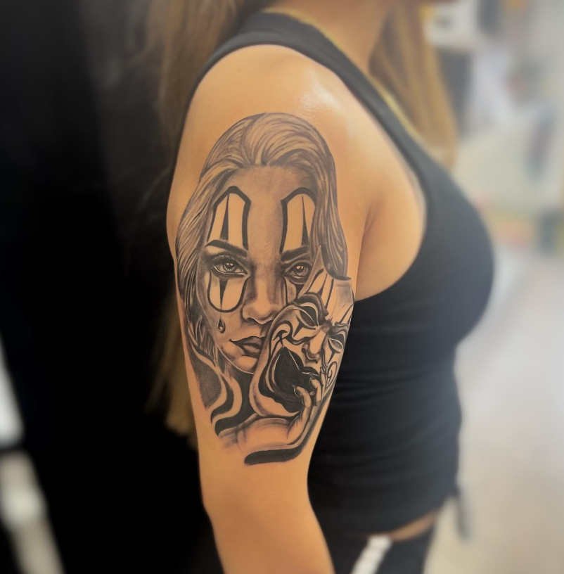 Lady Face With Joker Mask Half Sleeve Women Tattoos