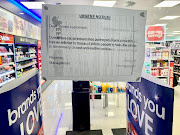 A sign attached to the Clicks at Goodwood Mall in Cape Town.