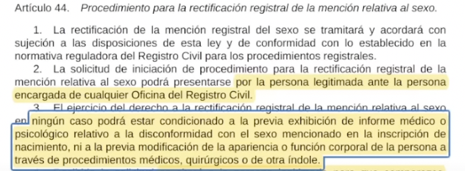 Artículo 44 de la nueva Ley Trans en España.