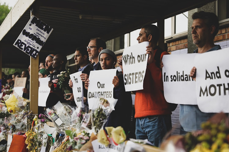 Men gathered on Monday at the Clareinch post office in Cape Town, where student Uyinene Mrwetyana was brutally raped and murdered on August 24, to add their voices to the outrage.